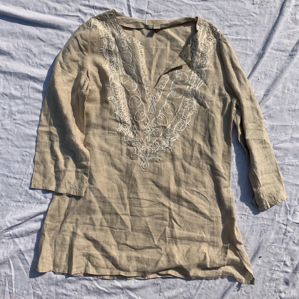 Michael Kors Tan and White Linen Tunic sz M